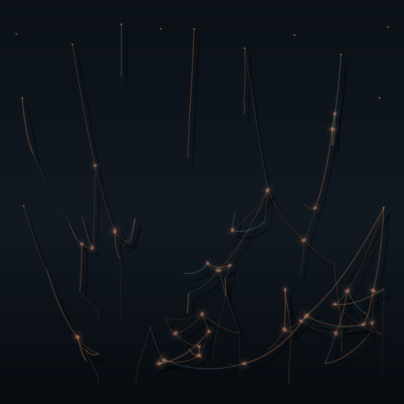 Sparse amber and blue ropes hanging in separated weighted skeins across a dark field