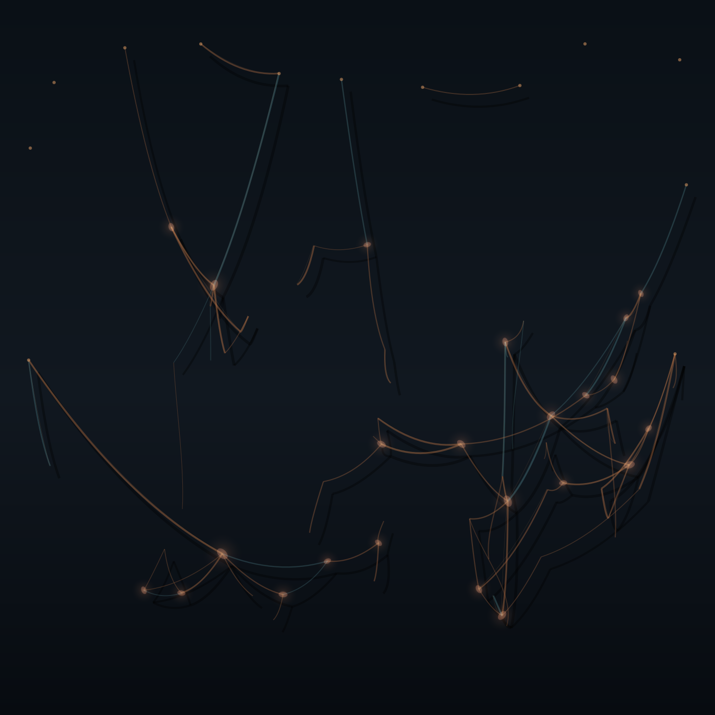 Minimal suspended rope network with long curved spans, knots, and dark negative space